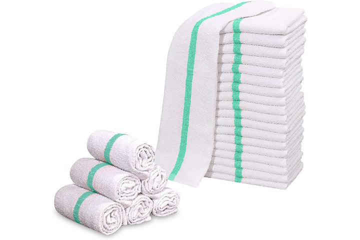 Utowels Premium 24 Pack White with Green Stripe Bar Mop Microfiber Towels for Home, Kitchen, Restaurant Cleaning (White/Green Stripe, 14inx18in)