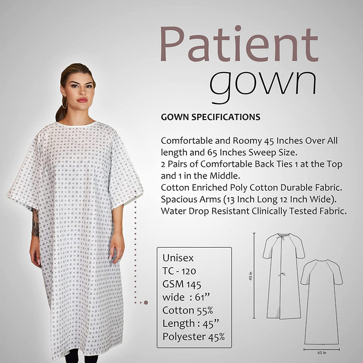 Gold Textiles Hospital Gowns Pack of 6 -Cotton Blend Unisex Medical Patient Gowns, Fits up to 2XL - 45" Long & 61" Wide with 2 Pairs of Back Tie